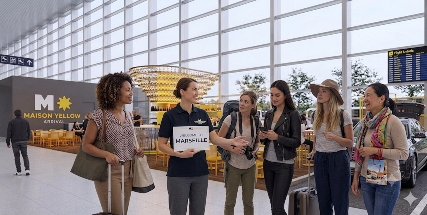 Group of five women at an airport arriving in Marseille, standing near the Maison Yellow arrival area, with luggage and a welcome sign, inside a modern terminal with large windows.