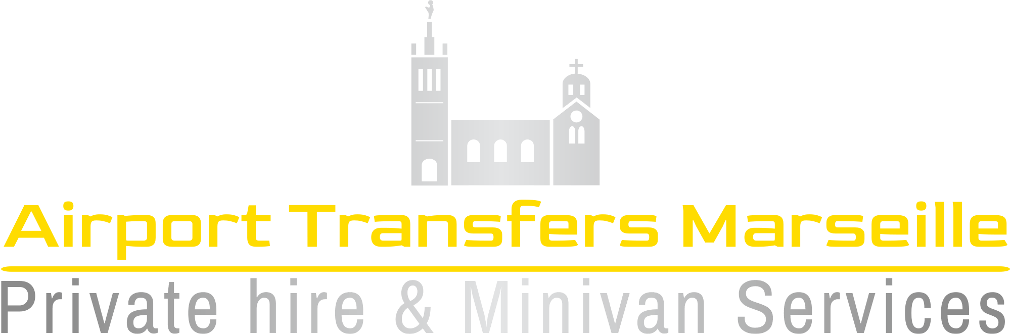 Logo for Airport Transfers Marseille with an illustration of a church and a clock tower at the top, and text indicating private hire and minivan services.