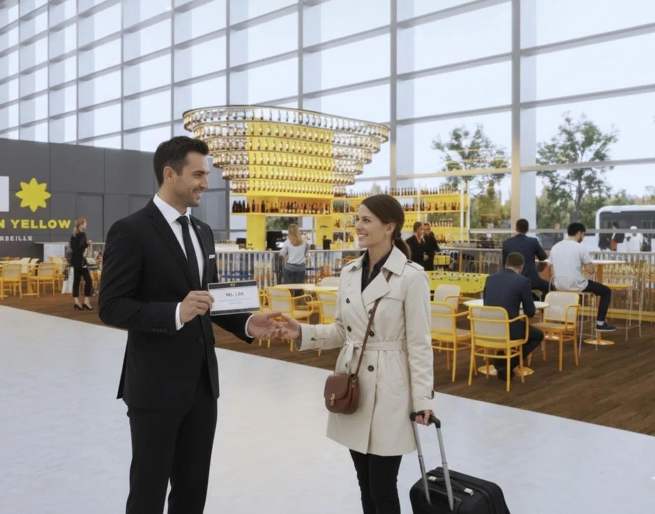 A man in a black suit and a woman in a trench coat shaking hands at an airport terminal, with the woman holding a rolling suitcase, and yellow bar and seating areas in the background.