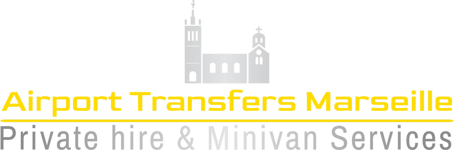 Logo for Airport Transfers Marseille with an illustration of a church and a tower, and text indicating private hire and minivan services.