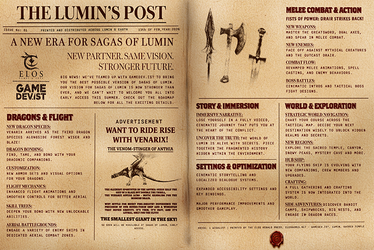 A fictional fantasy magazine page titled 'The Lumin's Post' with sections on dragon flight, adventure, story immersion, world exploration, settings optimization, side adventures, and crafting, featuring fantasy-themed articles and artwork of dragons and mythical creatures.