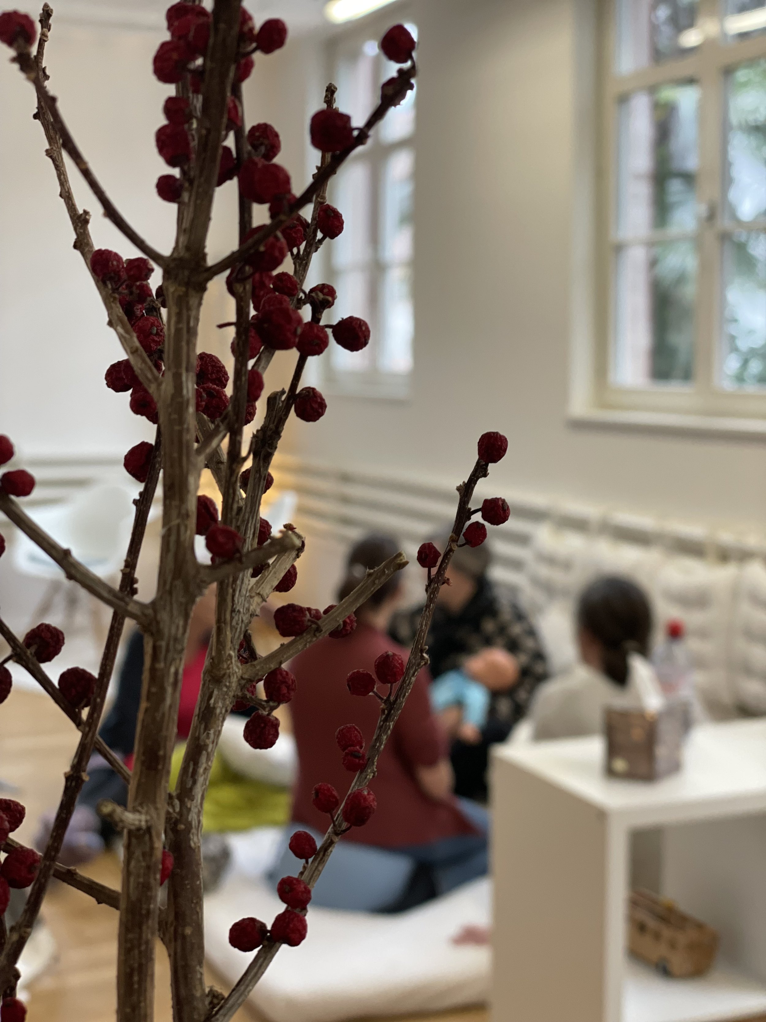 Bunte Zweige mit roten Beeren im Vordergrund, im Hintergrund Kinder in einer hellen, freundlichen Umgebung, vermutlich in einem Raum oder einer Küche.