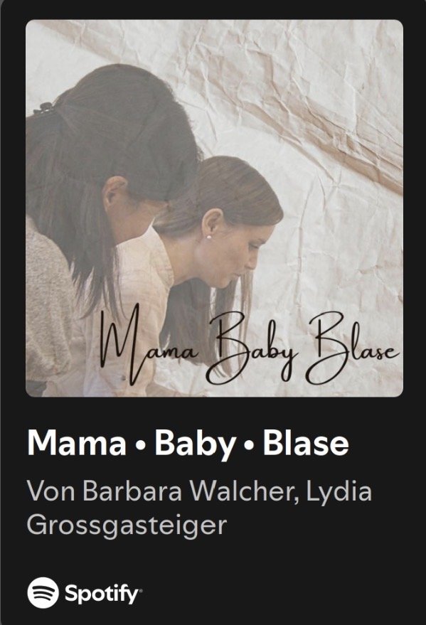 Zwei Frauen, eine schwangere, schauen nach unten an einem weißen Hintergrund, mit dem Text 'Mama Baby Blase'.