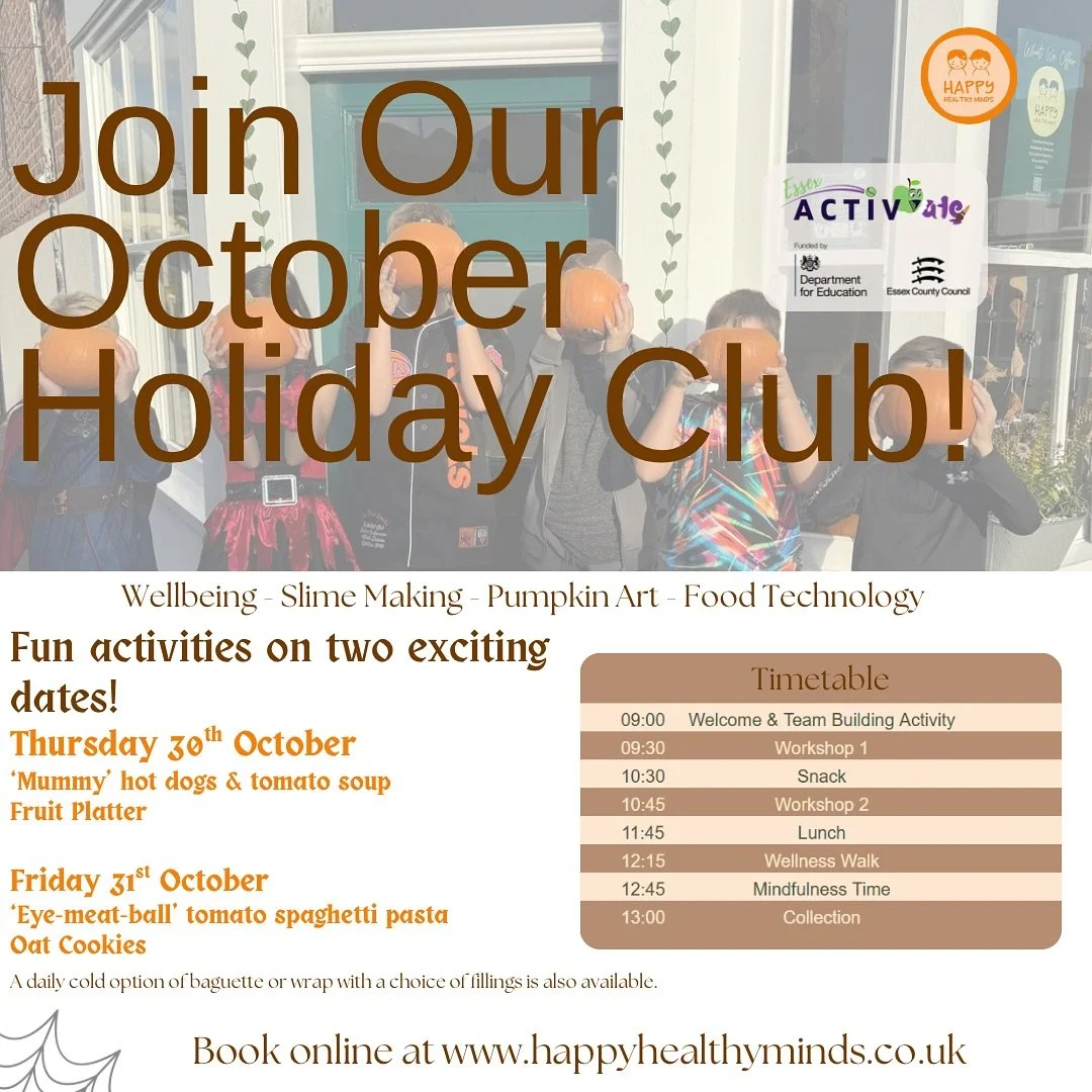 β¨ October Half Term Holiday Club β¨
Primary Age Children 
We’re excited to share our October Holiday Club dates and menu!
As a spooky treat, we are offering a 20% discount code for the first 12 families to sign up. Use code: OCT20 
As proud A