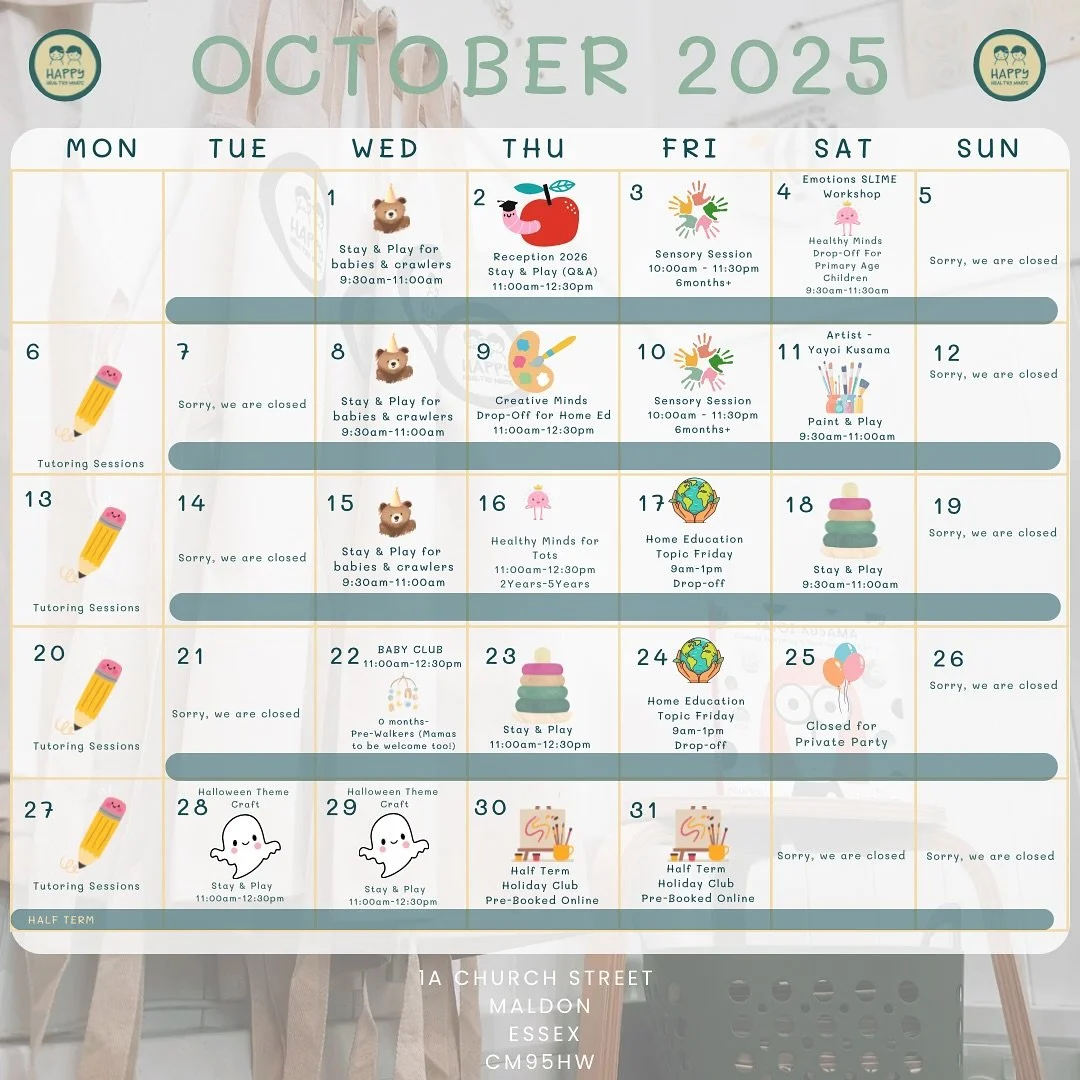 October: A Month of Beautiful Colours, Warmth, and Wholesome Meals! π 
We are excited to share an exciting lineup of workshops and sessions designed to cater to all our families this month. 
Here are some of our spotlight sessions:
Thursday, 2nd