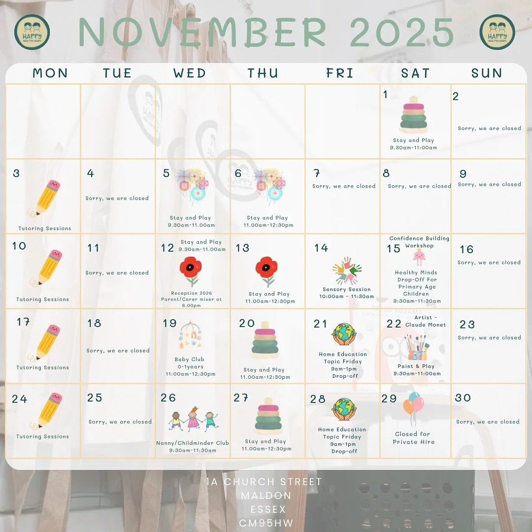 β¨ Almost November… can you believe it? Here’s a sneak peek of what’s coming up at HHMinds! β¨
Weekly Highlights 
W/C 3.11.25: History of Bonfire Week
W/C 10.11.25: Remembrance Art + Saturday Healthy Minds drop-off session focused o