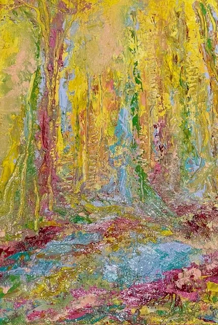 Abstract impressionist painting of a colorful forest with trees and a stream in vibrant yellow, pink, green, blue, and purple hues.