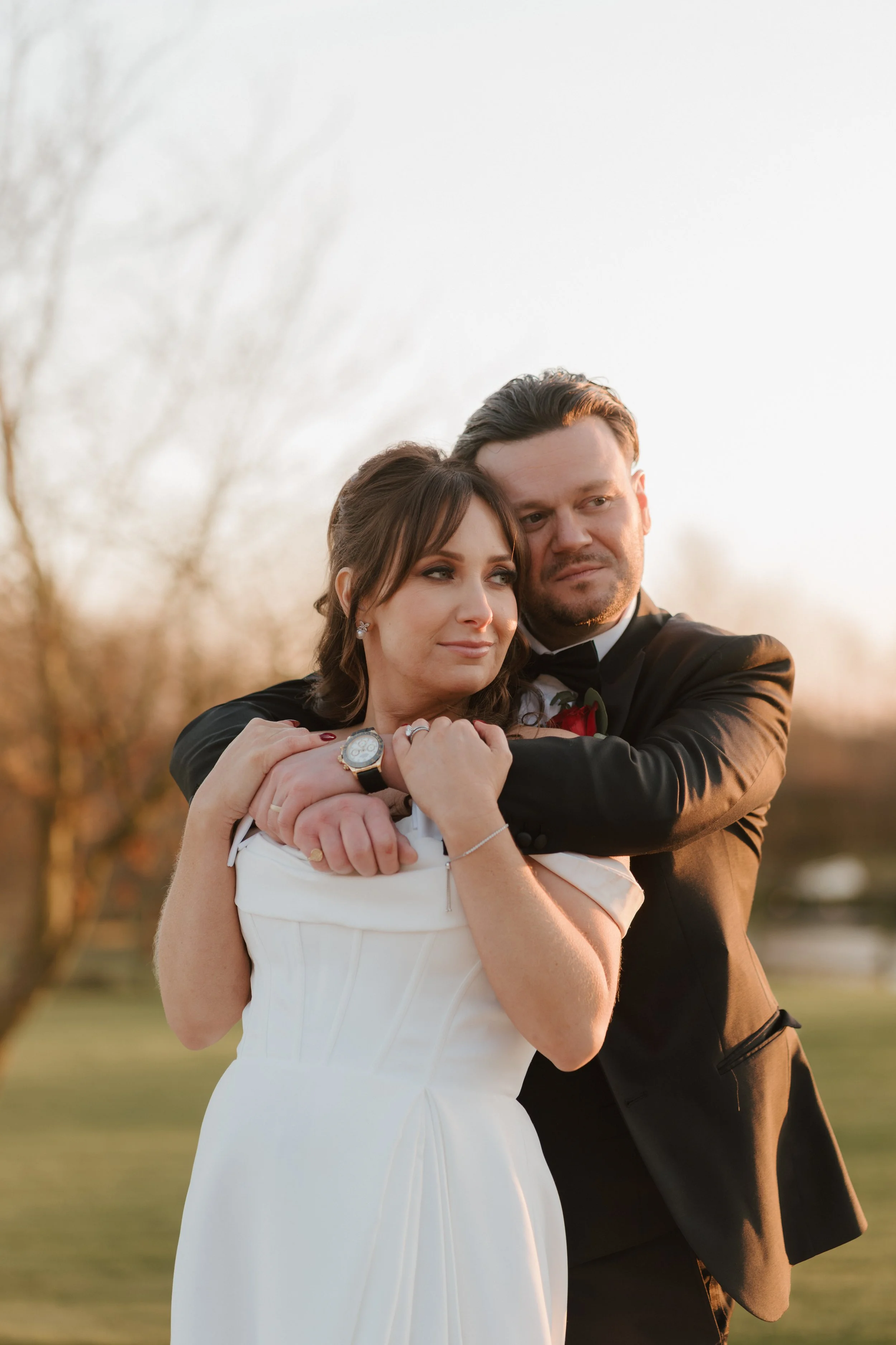 bride and groom having a sunset photo at high house in essex