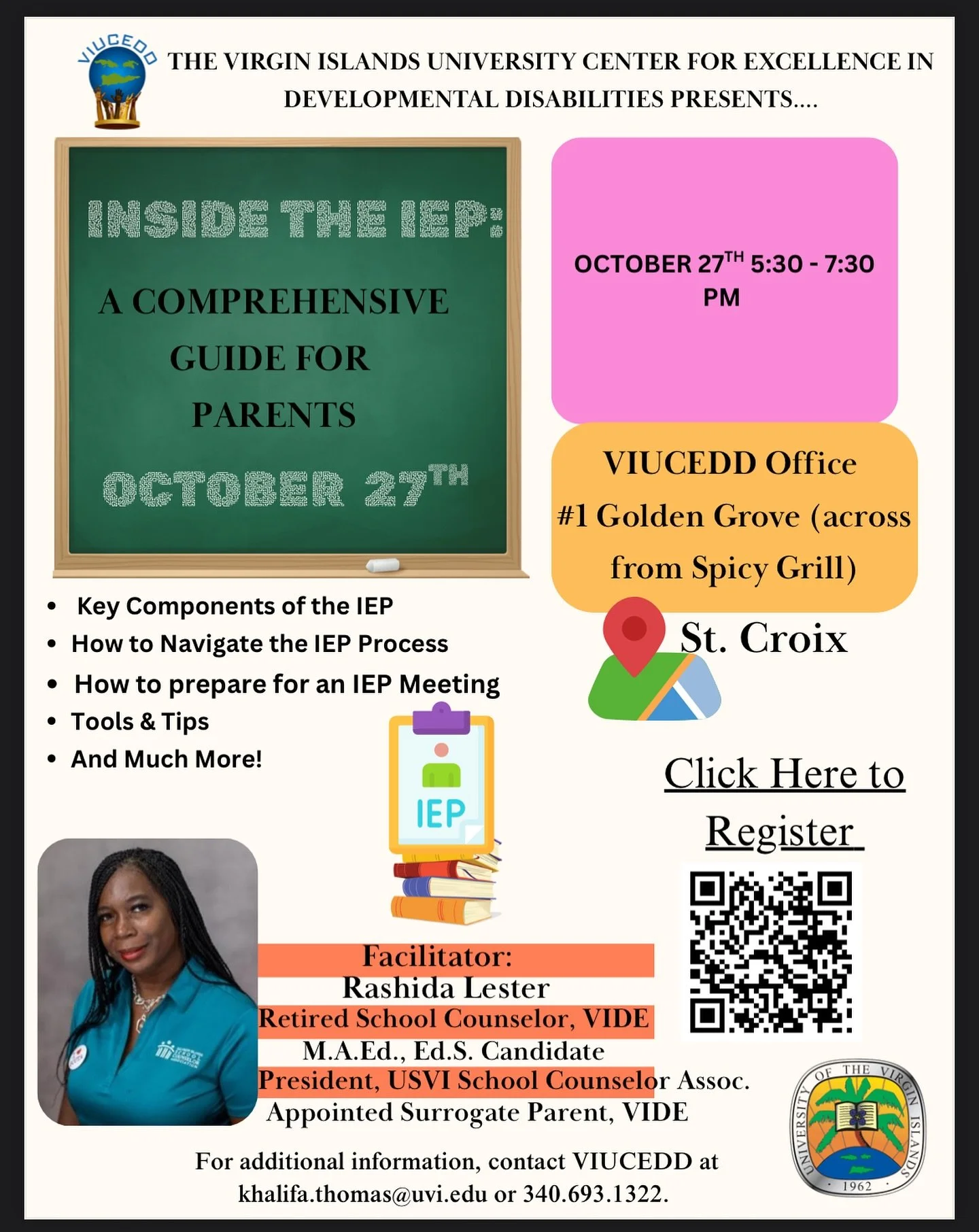 Join us for Inside the IEP: A Comprehensive Guide for Parents, an engaging and informative training designed to empower families and professionals with the tools they need to support student success.
π Location: VIUCEDD St. Croix, #1 Golden Grove (