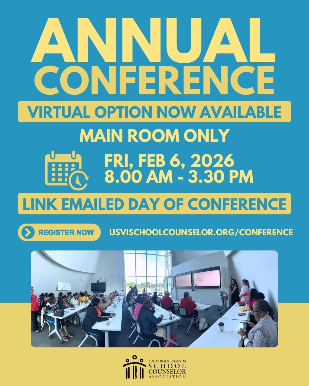 We are excited to announce that the USVISCA 2026 Annual Conference will now offer a virtual attendance option that includes CEUs.

USVISCA 2026 Annual Conference
Theme: From Insight to Action: Strengthening School Counseling Across the Caribbean
Date
