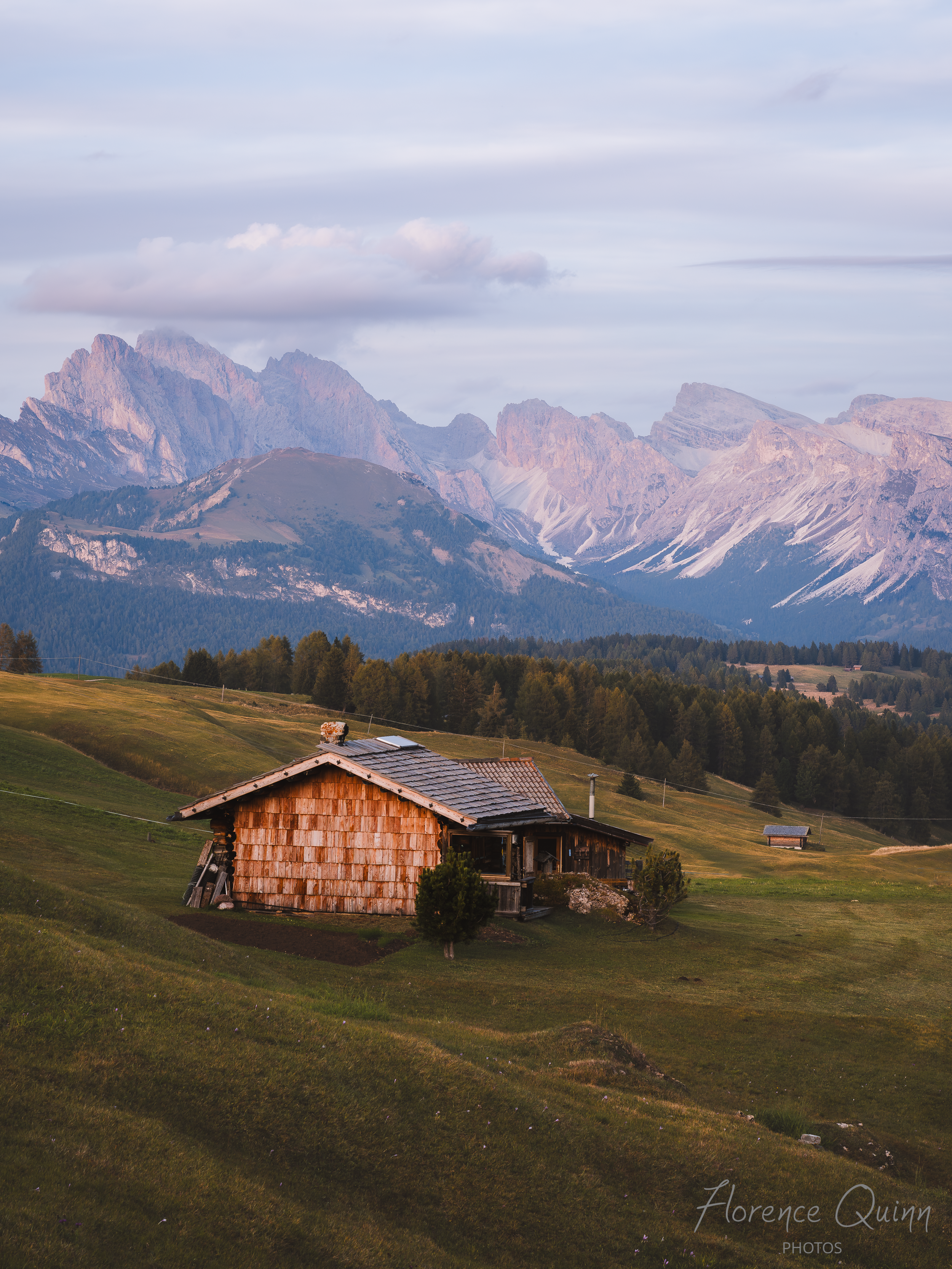 Chalet au coucher du soleil, Alpe di Siusi