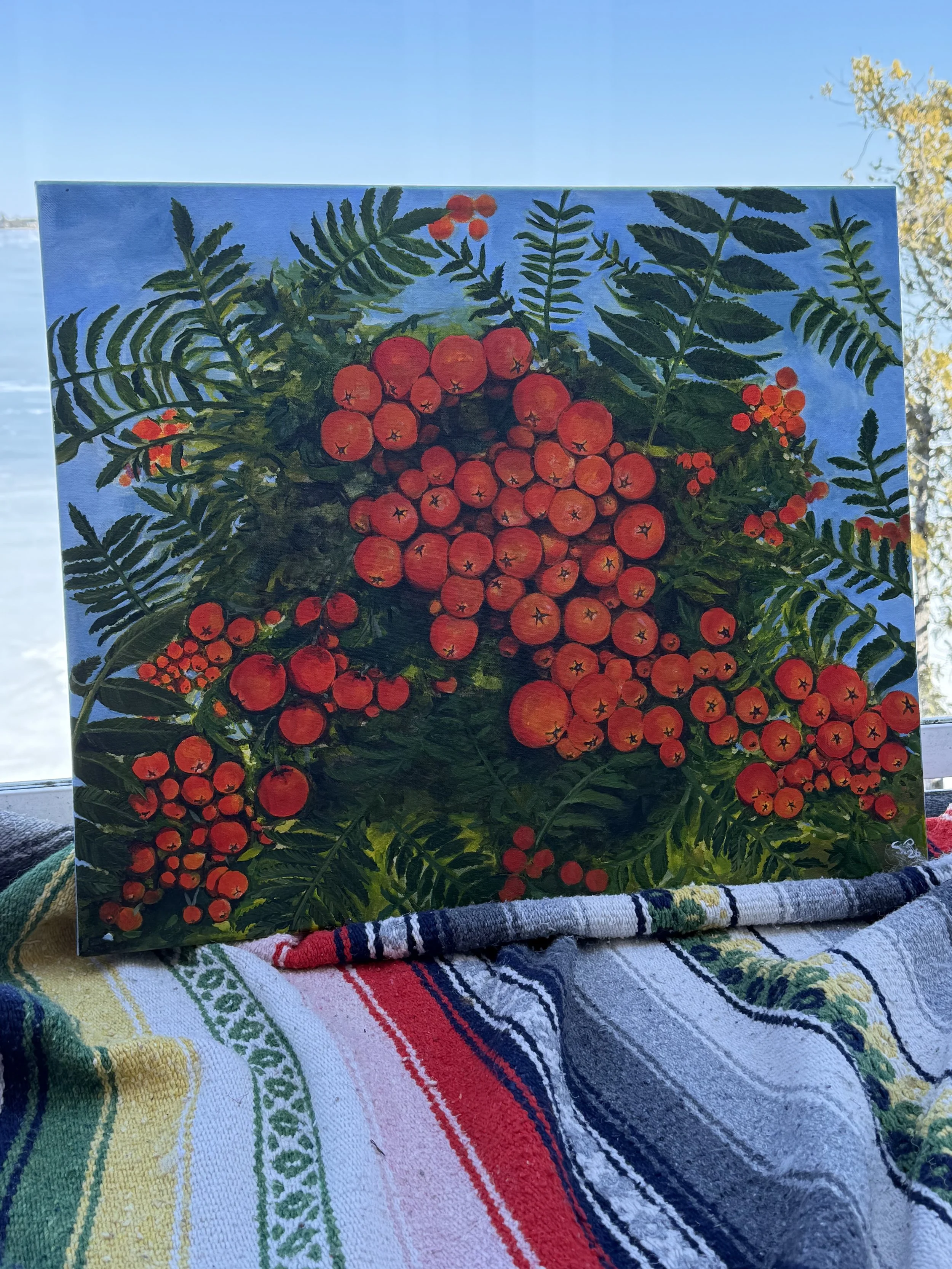 A painting of red rowan berries and green leaves against a blue background, leaning against a window with a view of water and trees outside, placed on a multi-colored striped blanket.