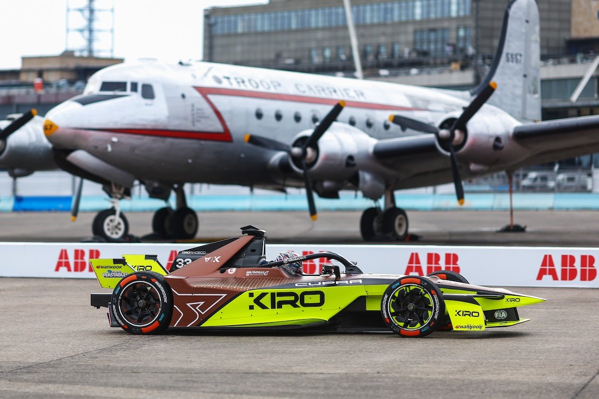 CUPRA KIRO driver, Dan Ticktum, on track during the 2025 Berlin E-Prix at the Tempelhof Airport Street Circuit in Germany