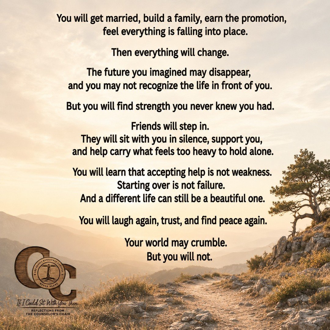 When the life you planned falls apart, the strength you discover and the people who stand beside you can help build something new.

#StartingOver #StrengthInSupport #YouAreNotAlone #LifeAfterLoss #CounselorsChair #Resilience #Family #TheFamilyResilie