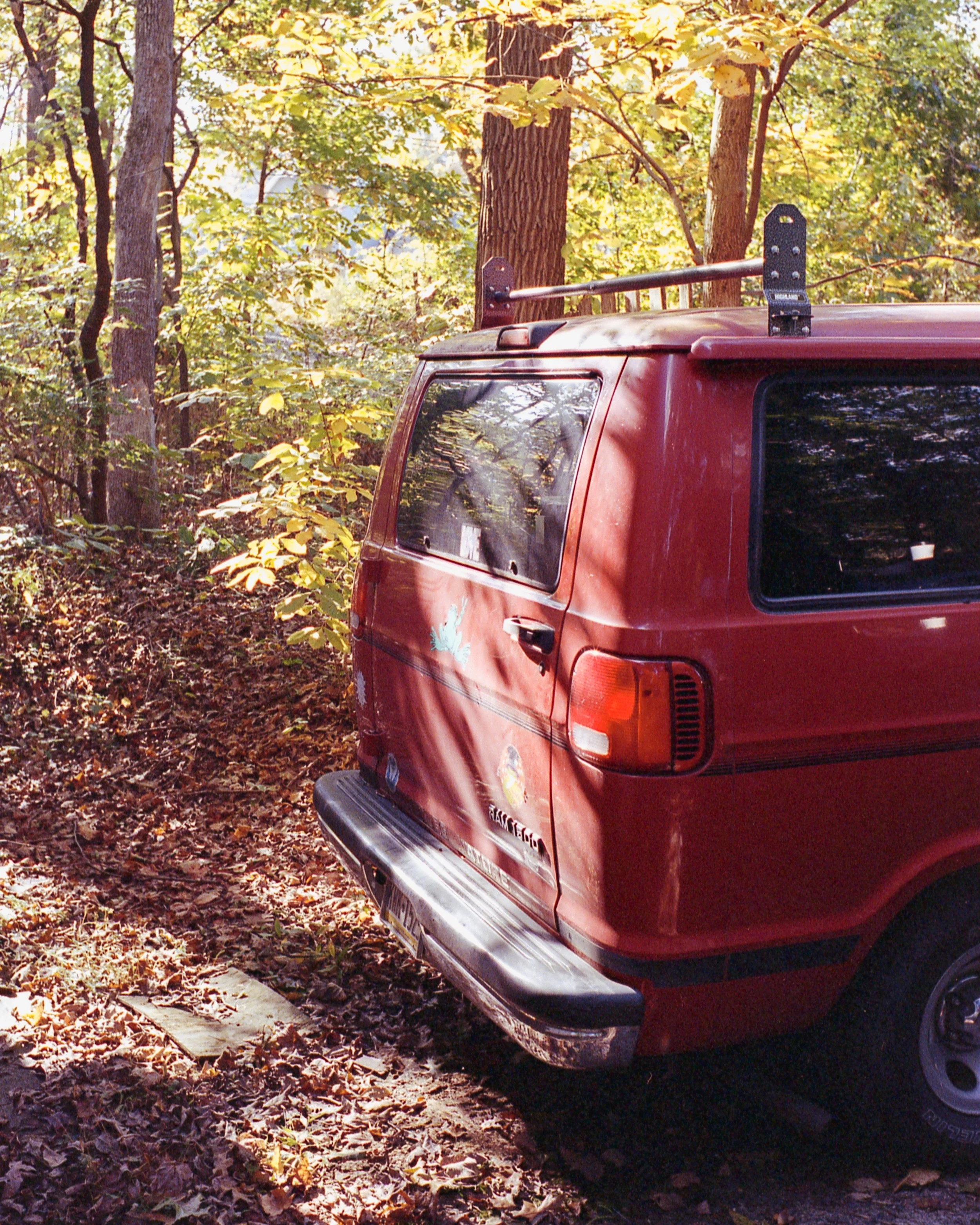 Red van parked in a wooded area with fallen leaves on the ground, surrounded by trees.