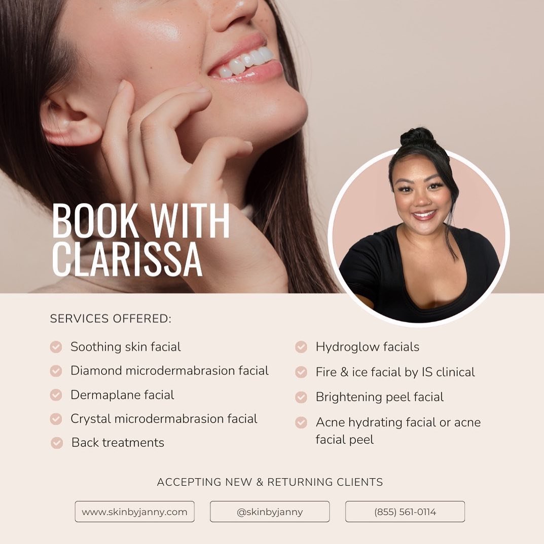 𝐵𝑜𝑜𝓀 𝓌𝒾𝓉𝒽 𝒞𝓁𝒶𝓇𝒾𝓈𝓈𝒶! 
 🌟Certified Hydro Facial specialist
 🌟Microdermabrasion expert
 🌟Dermalogica Clean Touch Practitioner
 🌟Graduated from the Career Academy of Beauty 
 🌟Performs back facials! 
#skinbyjanny #facials #skincare #