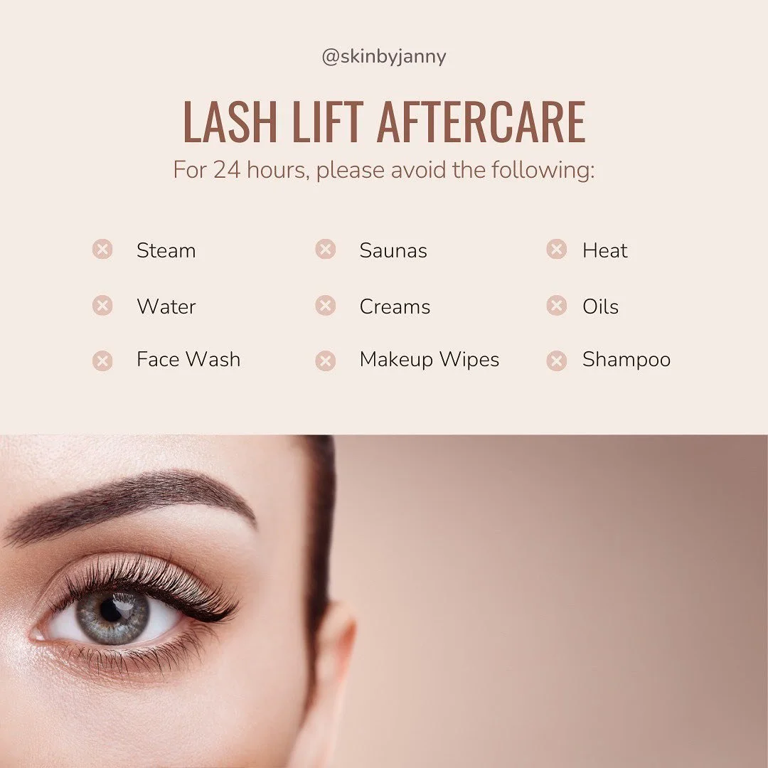 ✨ Lash Lift Aftercare Tips ✨

To keep your lashes looking flawless:

1️⃣ Avoid Water &amp; Steam:
For the first 24hours, keep your lashes dry and steer clear of steam (showers, saunas, etc.)!

2️⃣ Skip Mascara &amp; Makeup Removers:
Say no to mascara