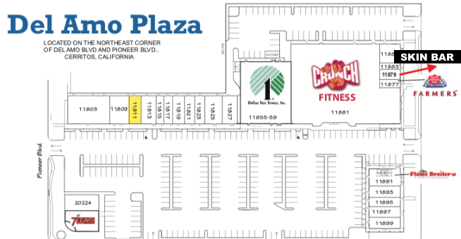 Map of Del Amo Plaza shopping center showing store locations, including Crunch Fitness, Farmers, Skin Bar, Flame Broiler, and other stores with labeled parking areas.