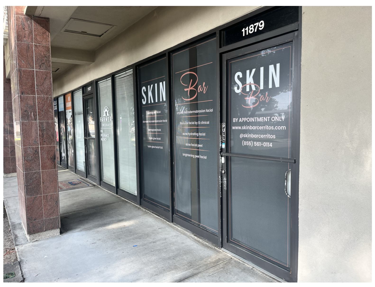 Exterior of a skincare bar with black glass doors displaying white and pink text for services, opening by appointment only, with website, Instagram handle, and phone number listed.