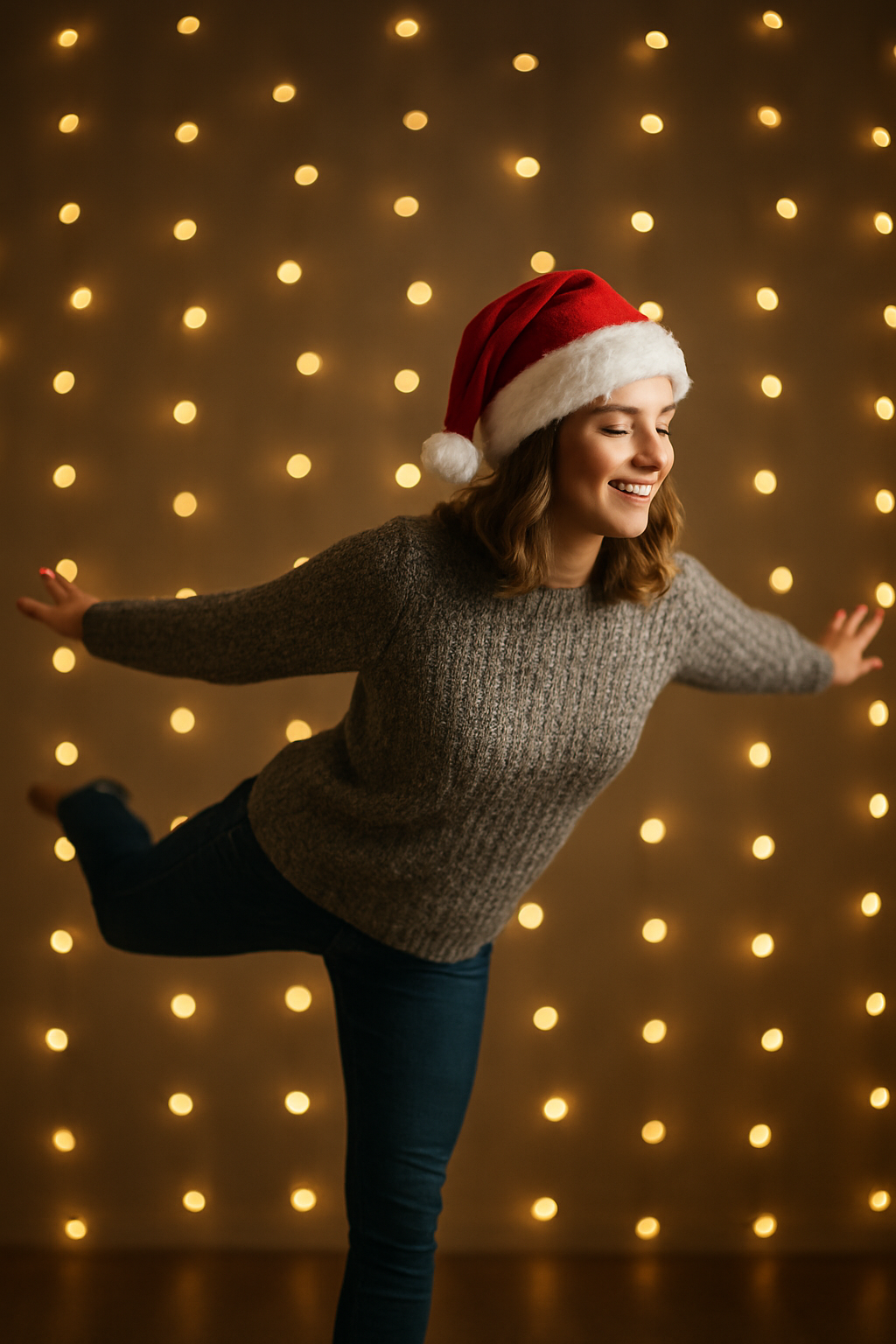 Photo of a woman balancing on one leg with a Santa hat on in front of Christmas lights.