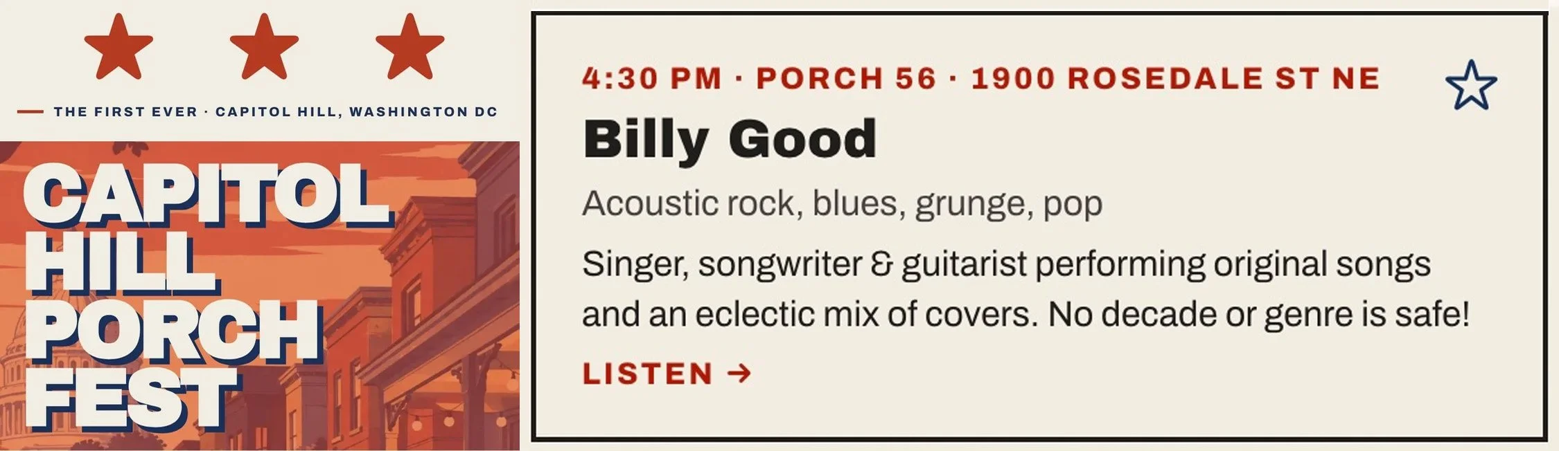Billy Good plays Acoustic rock, blues, grunge & pop. On October 10, 4:30pm at 1900 Rosedale Rd.NE Washington DC.