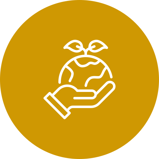 An icon of a hand holding the Earth with a small plant growing from it, symbolizing environmental protection or sustainability.
