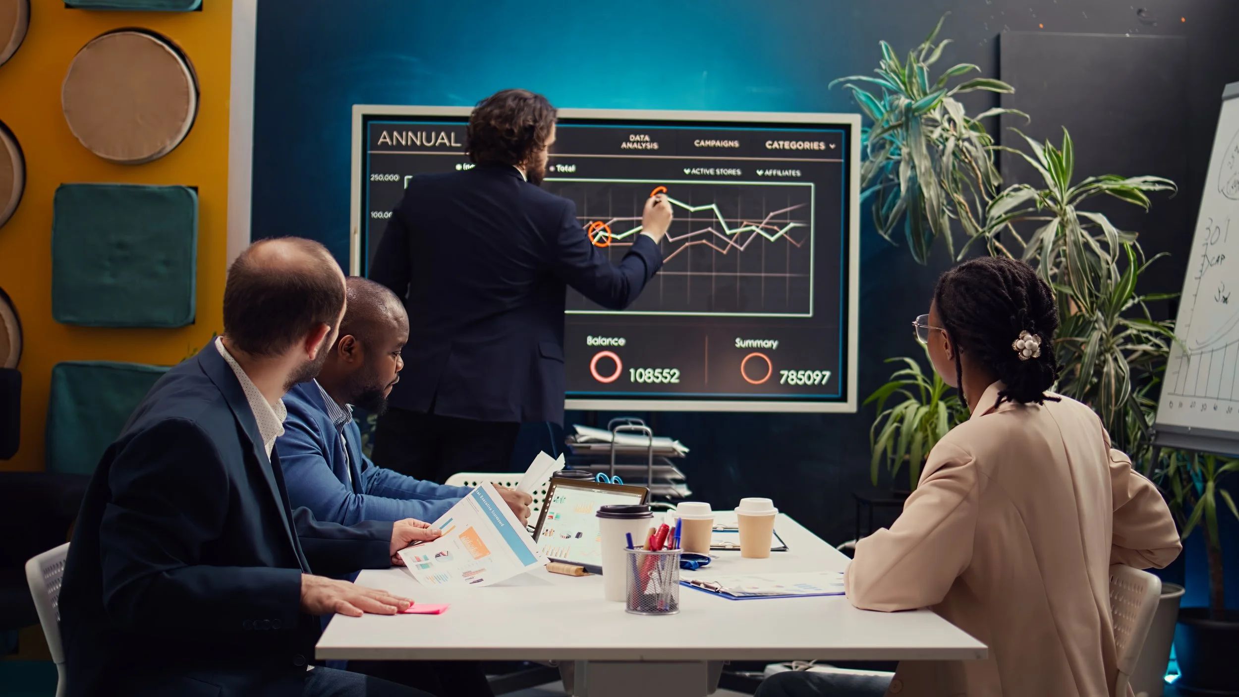 A business meeting in a conference room with four people, three men and one woman, sitting at a table and reviewing documents, while a man in a suit stands at a screen displaying a line graph and analytics.