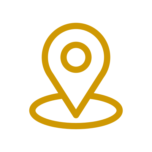 Gold location pin icon on a black background.