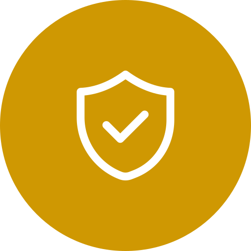 Gold circular icon with white shield and checkmark in the center, representing security or protection.