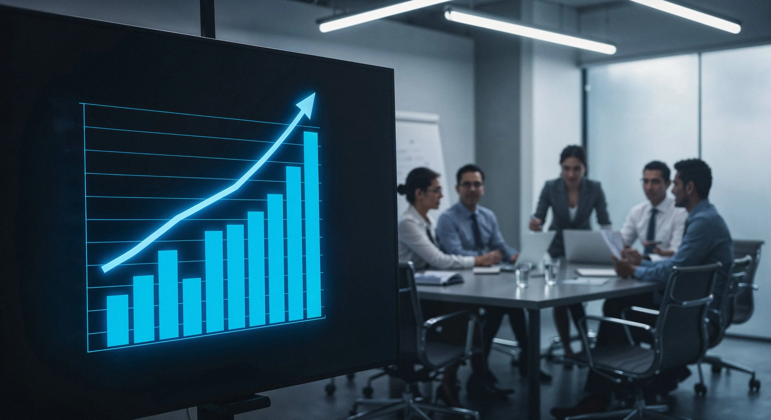 Business meeting with five people in a modern conference room, focusing on a screen displaying a blue upward trending bar chart with a rising arrow.