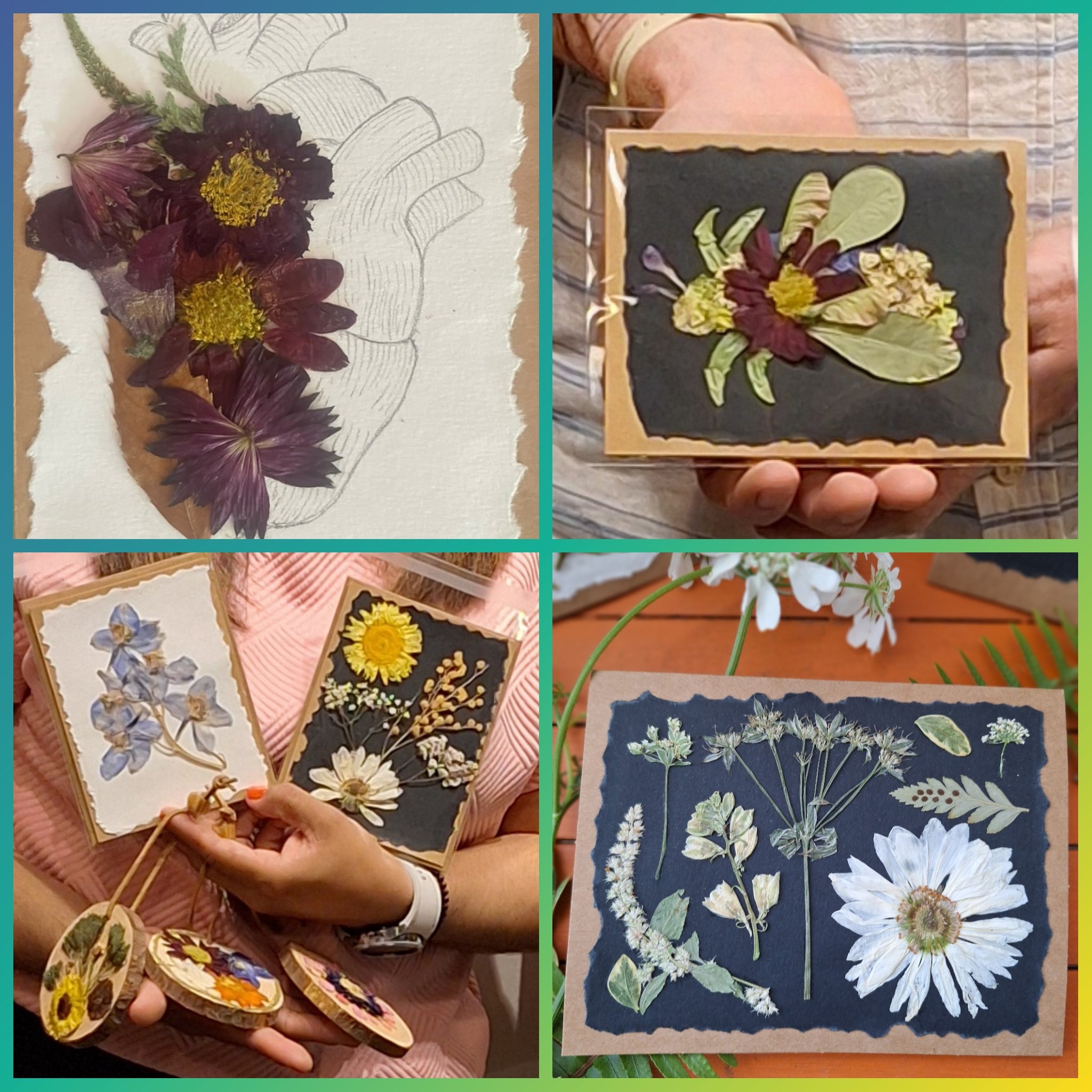 Collage of four images showing pressed and dried flowers arranged as art and craft projects, including floral cards, decorated boxes, and floral ornaments.