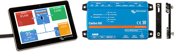 A digital display and a blue Victron Cerbo GX device used for energy management.