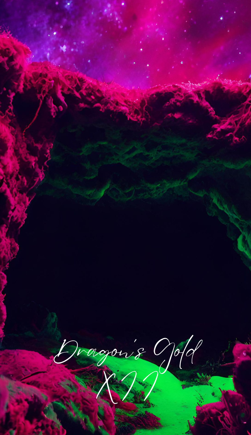 a cave with neon pink and green moss