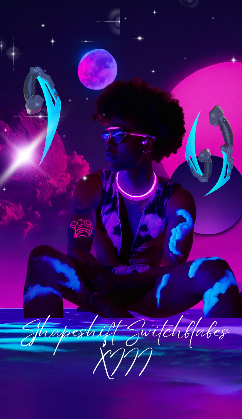 afrofuturist nonbinary character with neon blue cloud tattoos sitting on the edge of the ocean