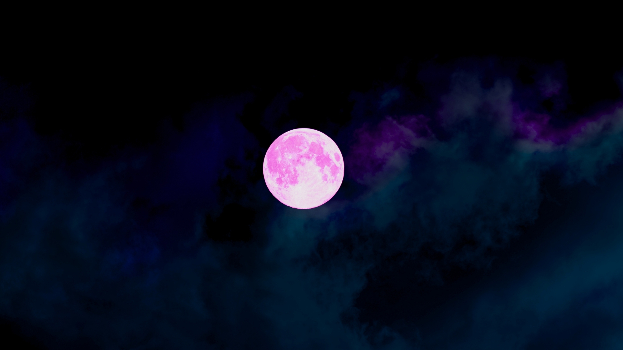 pink full moon in ombre dark teal to dark indigo night sky