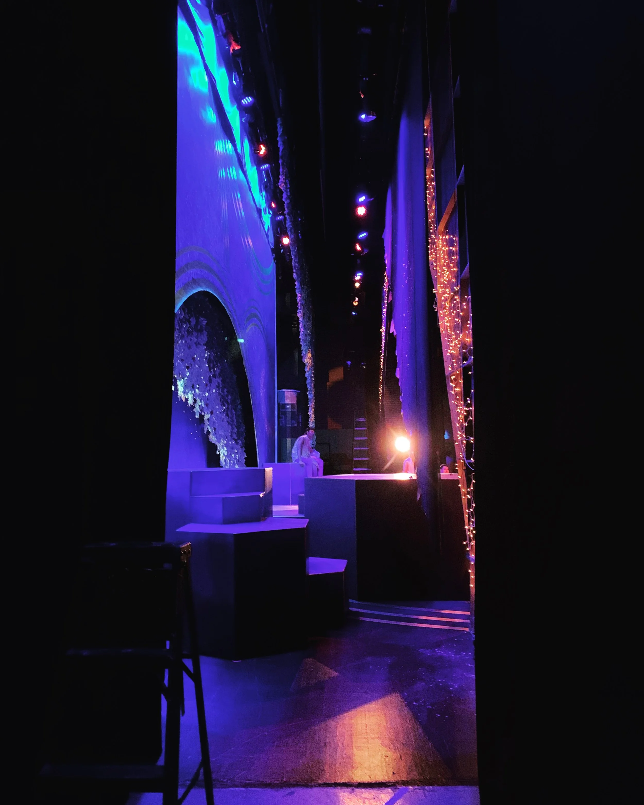 CHILDREN OF EDEN a Broadway musical by I'm A Bright Kid Foundation at Paliku Theatre. The image shows a stage with dim, colorful lighting, decorated with string lights and floral arrangements, with a person seated on the left side of the stage.