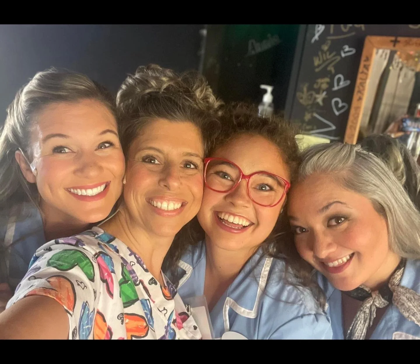 WAITRESS the Broadway musical by Sara Bareilles at Diamond Head Theatre. The three waitresses (Jenna, Becky and Dawn) with nurse Norma backstage.