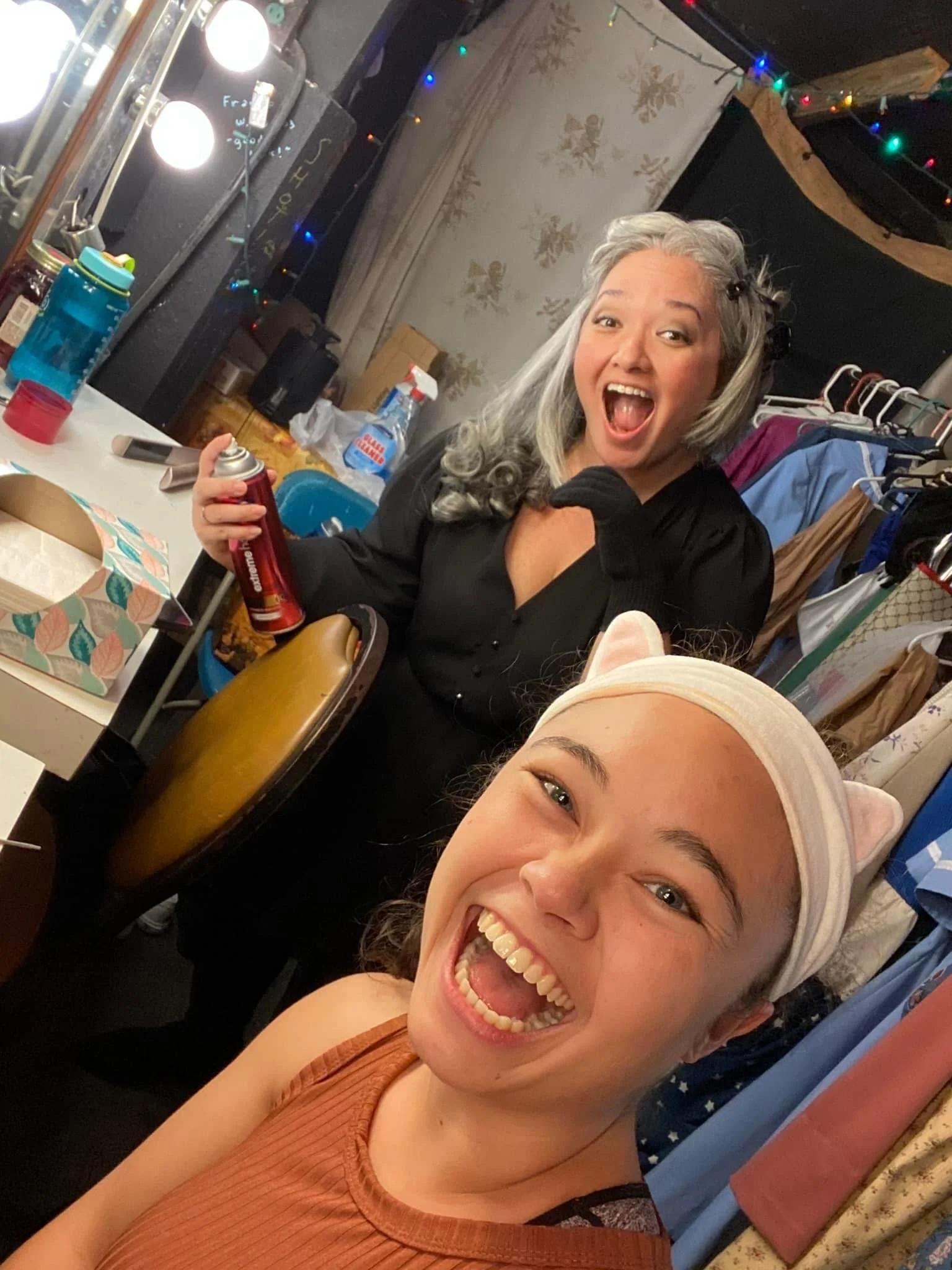 WAITRESS the Broadway musical at Diamond Head Theatre with Cassie Favreau-Chung (Becky) and Karese Kaw-uh (Dawn), getting ready in their dressing room backstage before the show.