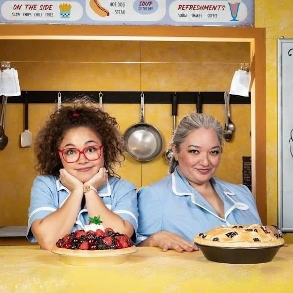 WAITRESS at Diamond Head Theatre featuring actors Cassie Favreau-Chung (Becky) and Karese Kaw-uh (Dawn) with their famous pies --Hawaii theatre actor/actress