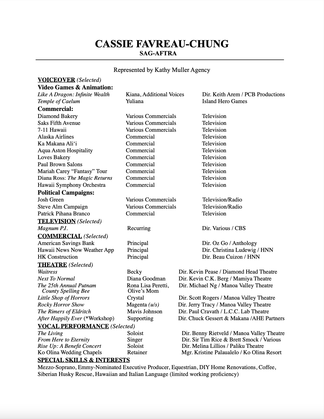 Acting Resume or CV for actress, Cassie Favreau-Chung, with sections for voiceover, commercial, interactive, video games, film, television, musical theatre, vocal performance, and interests, listing various projects and roles.