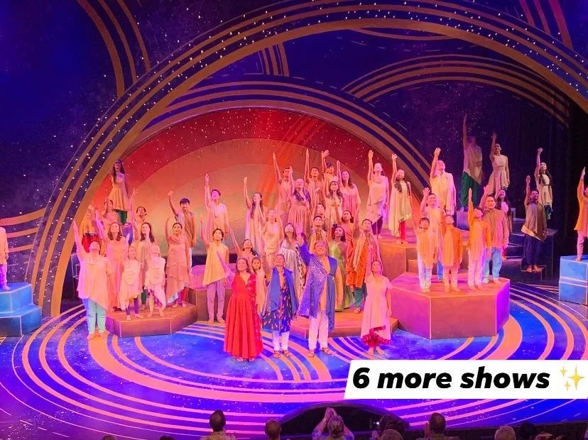 CHILDREN OF EDEN a Broadway musical by I'm A Bright Kid Foundation at Paliku Theatre. A large group of performers on stage during a theatrical show with colorful lighting and abstract background design, advertising six more upcoming shows.