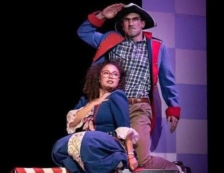 WAITRESS the Broadway musical by Sara Bareilles at Diamond Head Theatre in Honolulu, Hawaii. Ogie and Dawn dressed up in cosplay, war reenactment. Ogie is played by Reyn Halford and Dawn is played by Karese Kaw-uh. Hawaii actors in a comedy musical. 