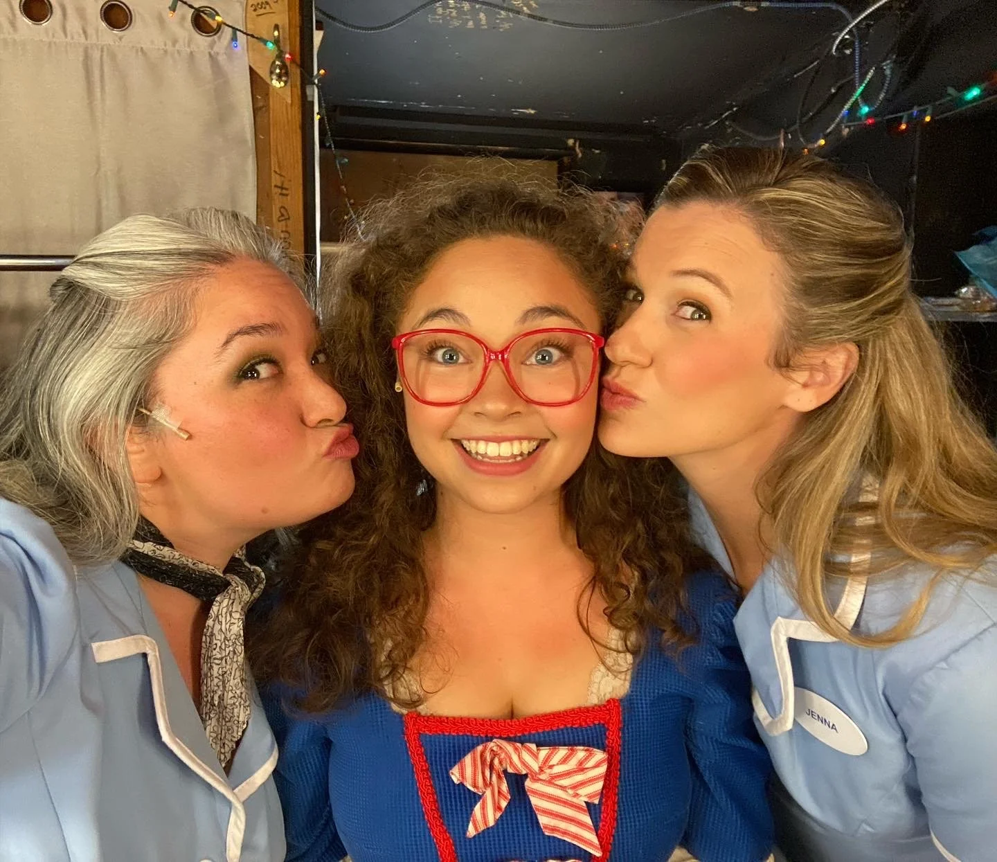 WAITRESS the Broadway musical at Diamond Head Theatre. The three waitresses backstage: Cassie Favreau-Chung (Becky), Sarah Souza (Jenna), and Karese Kaw-uh (Dawn).