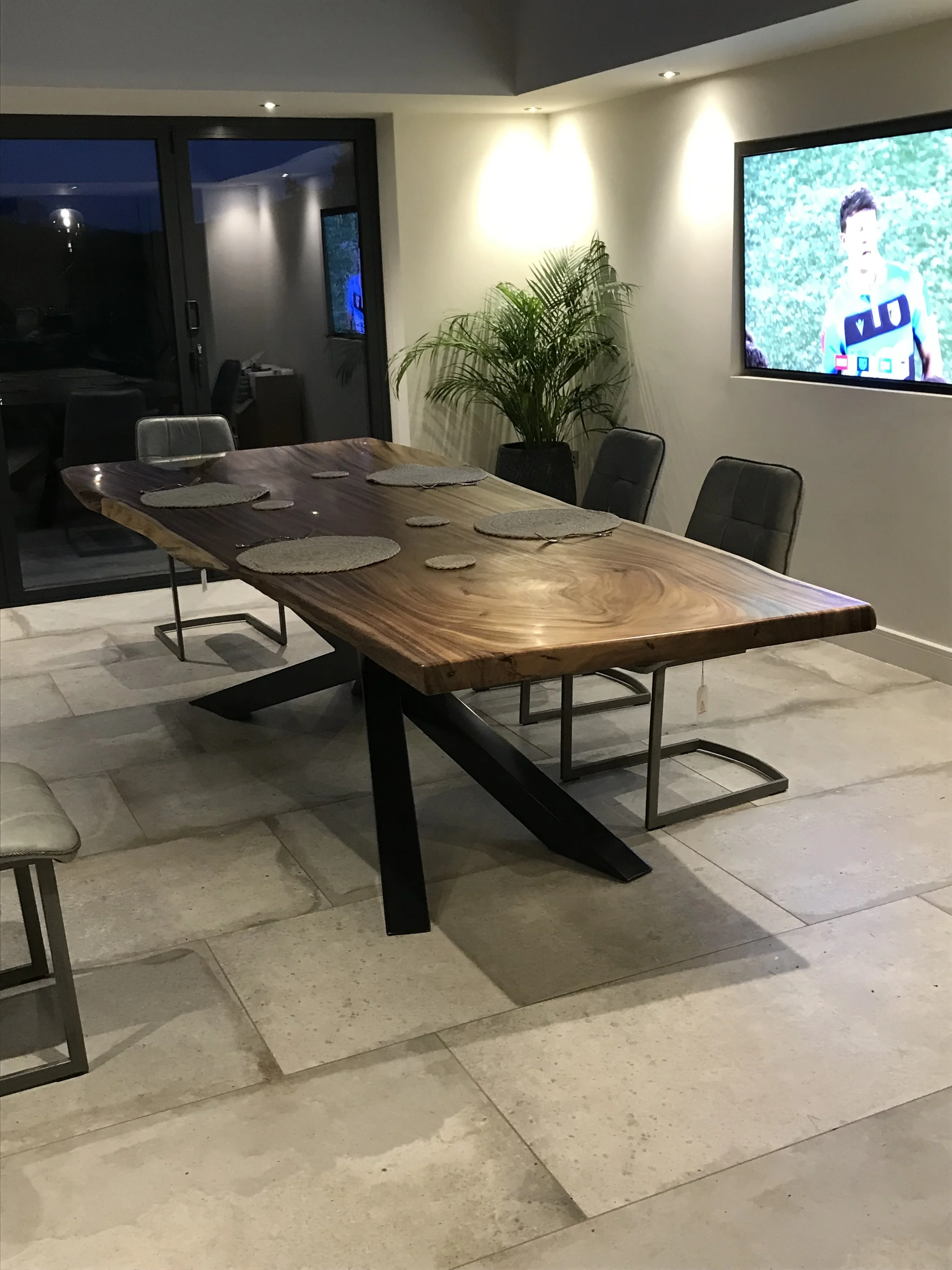 Oak and slate dining table. Prices vary.