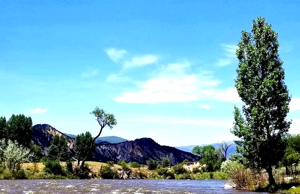 A river flowing through a landscape with trees, mountains, and a blue sky with some clouds.