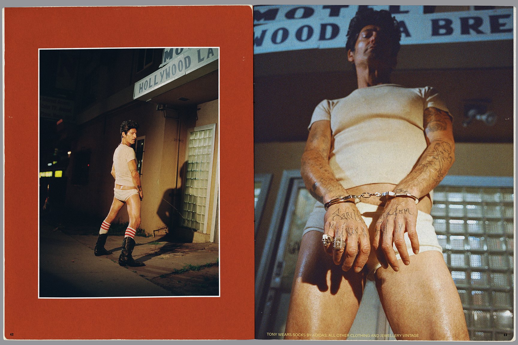 The image shows two artistic photographs of a man. The left photo displays him standing on a sidewalk at night, wearing a light-colored t-shirt, shorts, knee-high socks with red and white stripes, and black boots, with a Hollywood LA sign visible abo