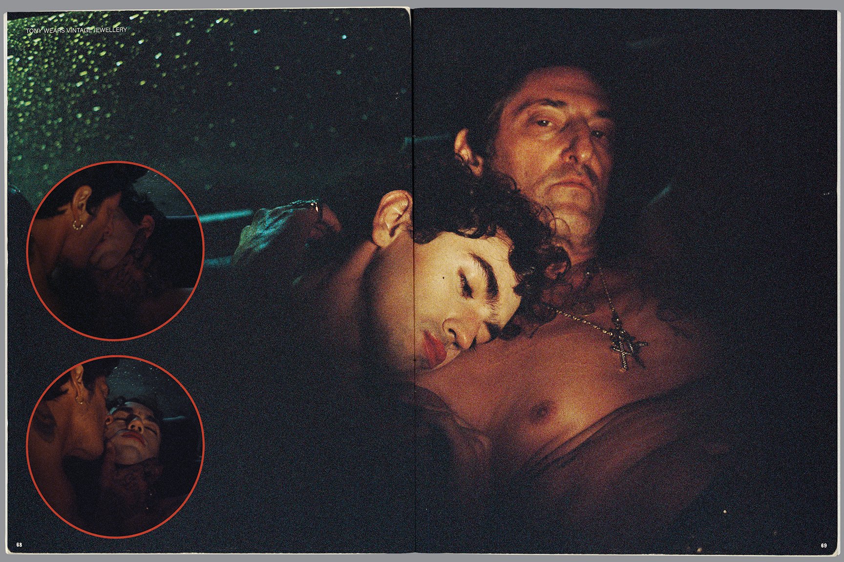 Two people lie close together in a dark setting. The woman, with cropped dark hair and makeup, rests her head on the man's chest with her eyes closed. The man, with long dark hair and a serious expression, looks upward. There are two inset photos sho