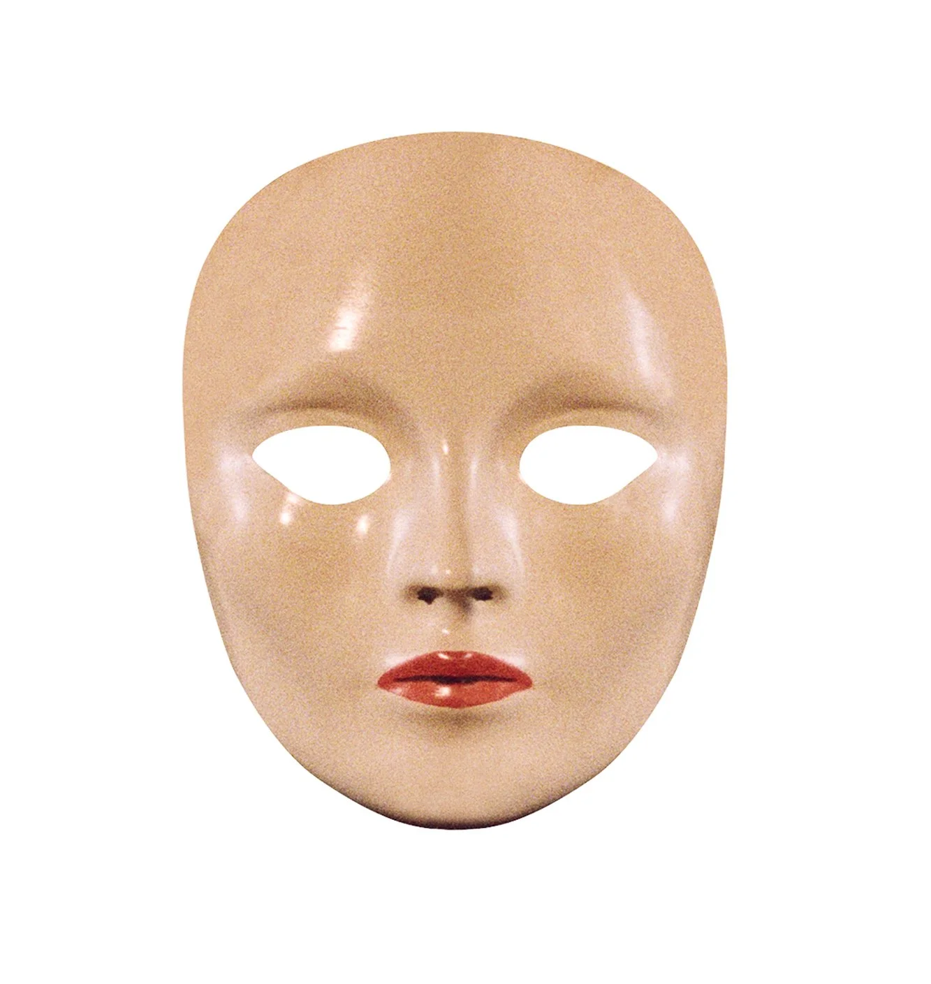 A blank, flesh-colored, featureless mask with red lips and open eye holes.