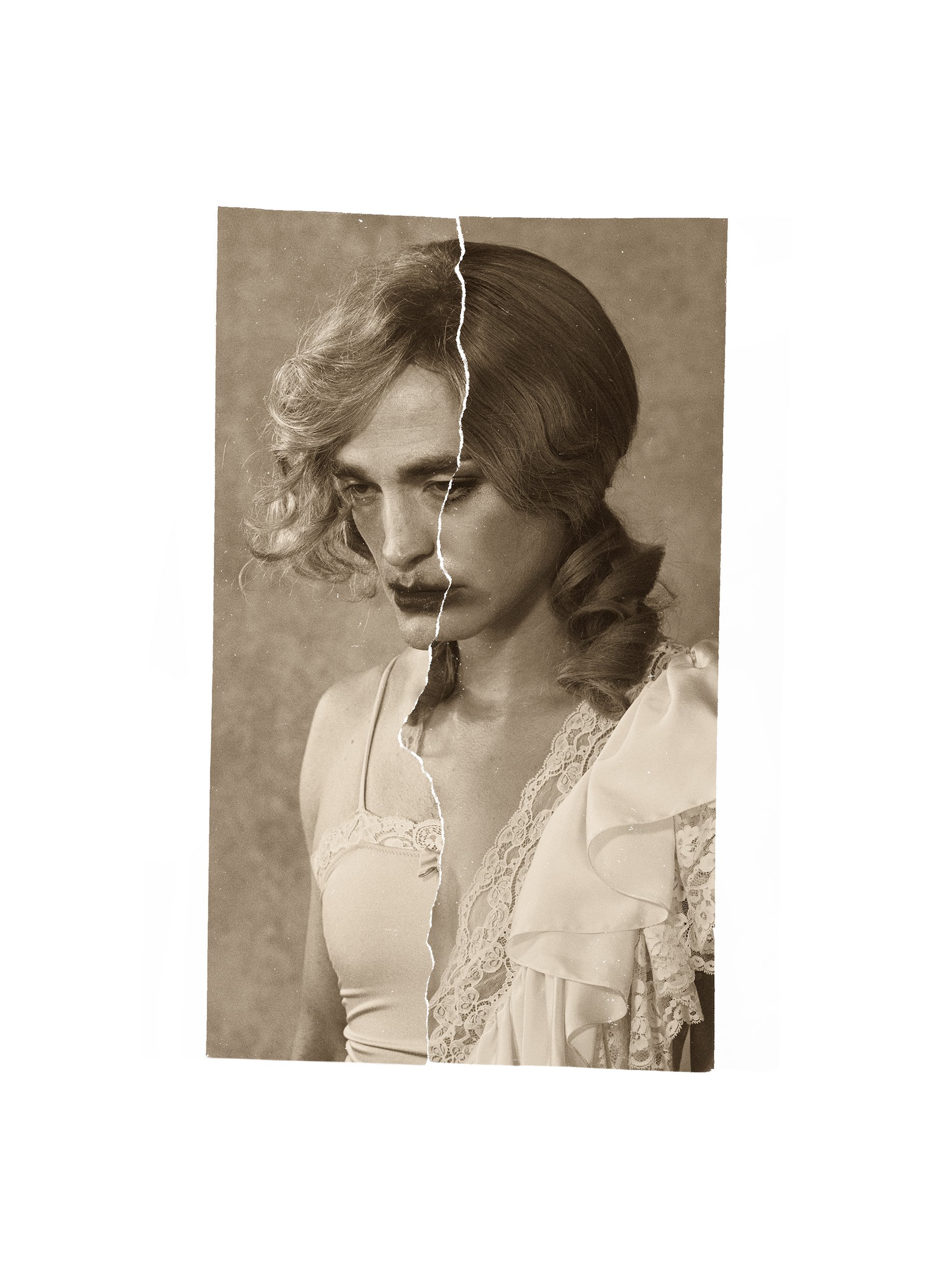 A split portrait photo of a woman with different hairstyles and clothing styles, one side with curly hair and a lace top, the other side with straight hair.