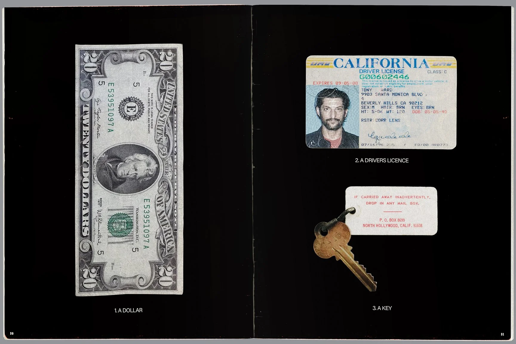 Open black folder containing a five-dollar bill, a California driver's license, and a small brass key on a white tag.